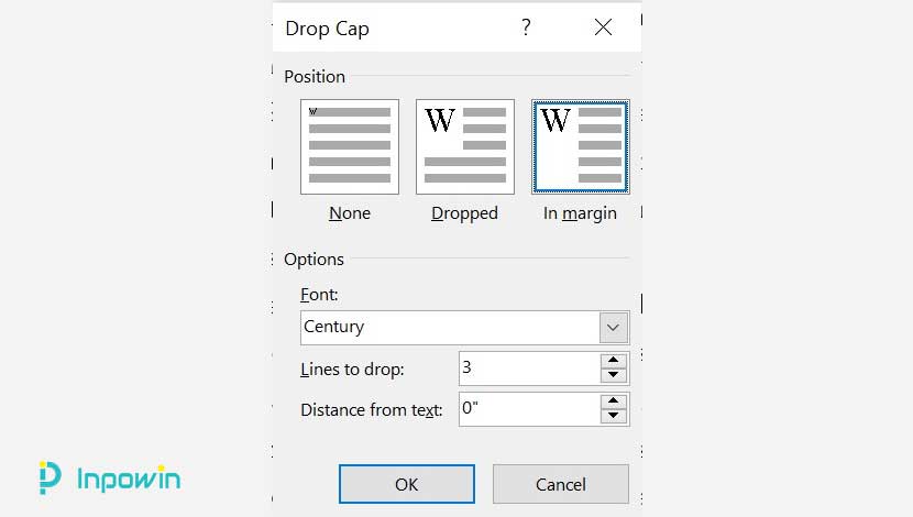 Cara Mengedit Drop Cap - In Margin dengan Kotak Dialog Drop Cap